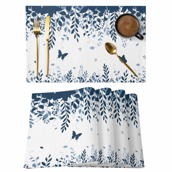 Blue Spring Botanical Placemats Set of 8, Weeping Eucalyptus Butterfly Placemats for Dining Table, Place Mats for Kitchen Tabletop, Waterproof Wipeable Dining Table Mats Set