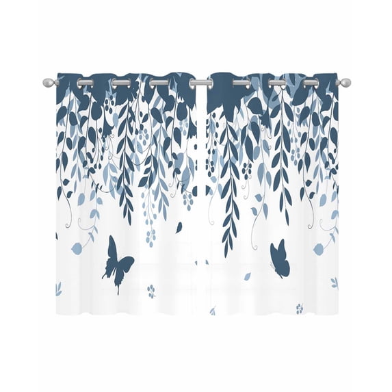 Blue Spring Botanical Sheer Curtains 54 Inch Length 2 Panels Set for Living Room/Bedroom, Weeping Eucalyptus Butterfly Kitchen Curtains Grommet Semi-Sheer Curtains Drapes Window Treatments 42"x54"x2