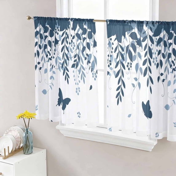 Blue Spring Botanical Sheer Curtains 54 Inch Length 2 Panels Set, Weeping Eucalyptus Butterfly Voile Window Treatment Rod Pocket Short Kitchen Curtains Drapes for Bedroom 52"x54"x2