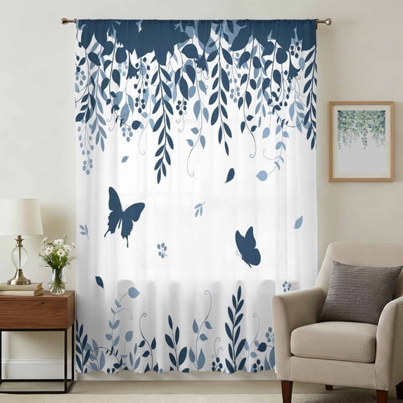 Blue Spring Botanical Sheer Curtains 63 Inches Long, Weeping Eucalyptus Butterfly Light Filering Curtains, Breathable Simi Curtain Privacy Drapes for Living Room Bedroom Lightweight Window Treatment