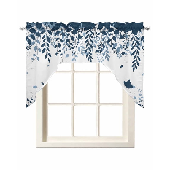 Blue Spring Botanical Swag Valances for Windows, Small Curtains Drapes, Weeping Eucalyptus Butterfly Kitchen Window Curtains Over Sink Rod Pocket Window Treatment Valance for Bedroom/Bathroom 56"x36"