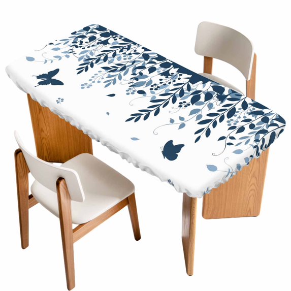 Blue Spring Botanical Table Cloths for 4 Foot Rectangle Tables, Weeping Eucalyptus Butterfly Patio Waterproof Elastic Fitted Tablecloths, Washable Rectangular Table Cover for Camping