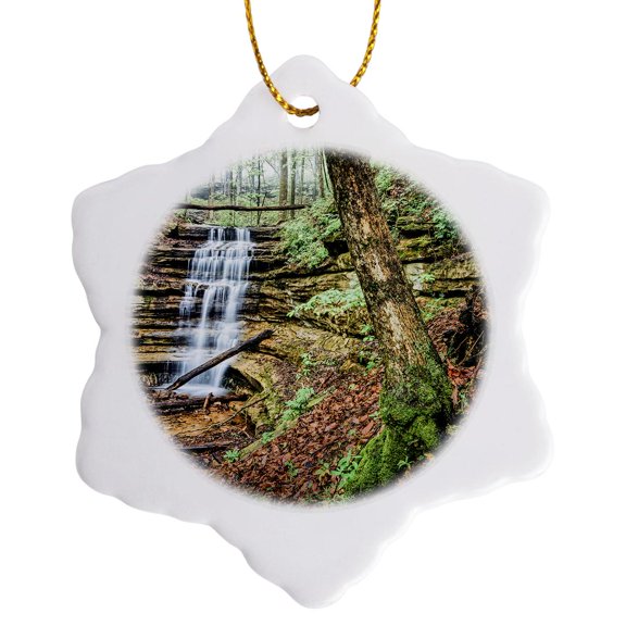 3drose, Blue Spring Falls Right Hand View in Monte Sano State Park, 3 inch Snowflake Porcelain Ornament