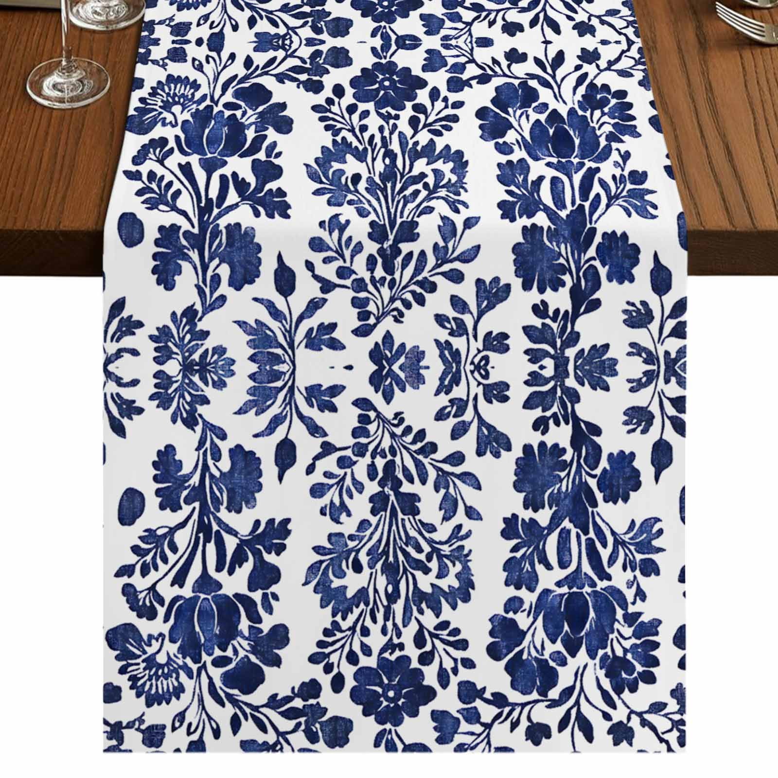 Blue Spring Floral 108 Inch Table Runner, Summer Botanical Farmhouse Farmhouse Dresser Scarf Cotton & Linen Tablerunner for Dining/Kitchen Island/Holiday Party Décor 13" x 108"