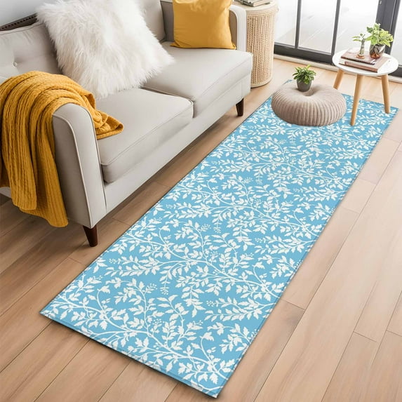 Blue Spring Floral 2'x6' Runner Rugs for Hallway Kitchen Bedside Non Slip Washable, Farmhouse Flowers Elegant Pastoral Entryway Rug Runners with Rubber Backing, Long Carpet Runner for Laundry Room