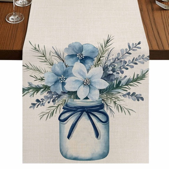 Blue Spring Floral 36 Inch Table Runner, Summer Flowers Rustic ...