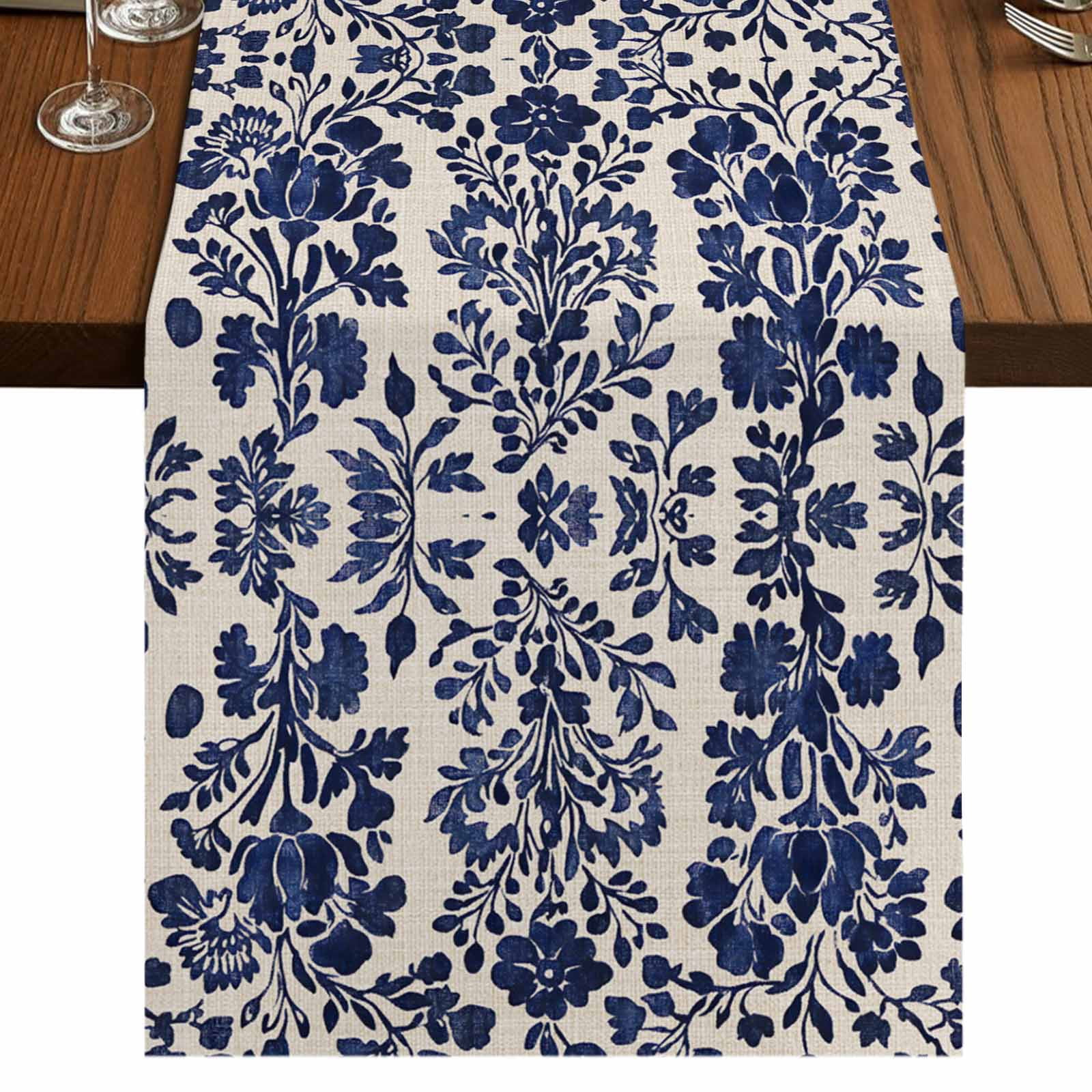 Blue Spring Floral 60 Inch Table Runner, Summer Botanical Farmhouse Rustic Farmhouse Dresser Scarf Cotton & Linen Tablerunner for Dining/Kitchen Island/Holiday Party Décor 13" x 60"