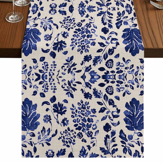 Blue Spring Floral 70 Inch Table Runner, Summer Flowers Farmhouse Rustic Farmhouse Dresser Scarf Cotton & Linen Tablerunner for Dining/Kitchen Island/Holiday Party Décor 13" x 70"