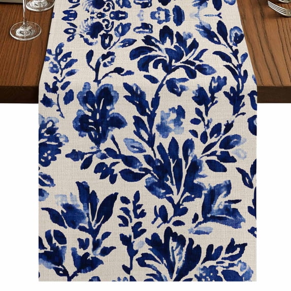 Blue Spring Floral 90 Inch Table Runner, Summer Botanical Flowers Farmhouse Dresser Scarf Cotton & Linen Tablerunner for Dining/Kitchen Island/Holiday Party Décor 13" x 90"