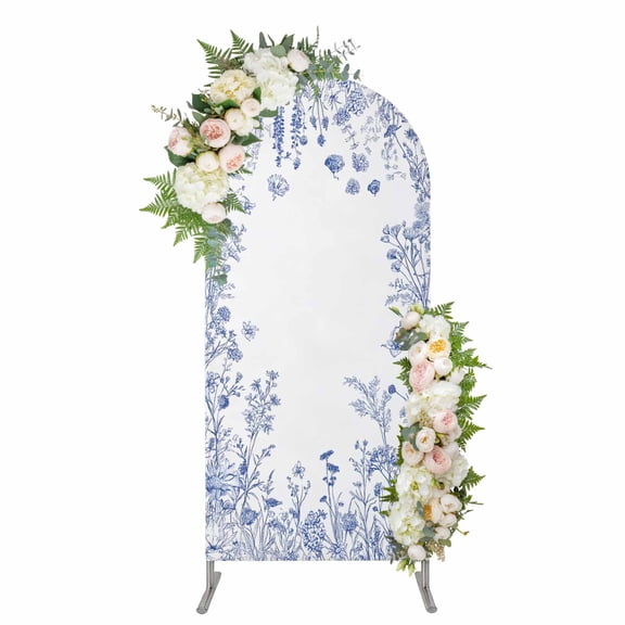 Blue Spring Floral Arch Backdrop Cover, Spandex Fitted Wedding Arch Cover, Summer Flowers Botanical Round Top Stand Covers for Birthday Ceremony Bridal Shower Party Decor 6x2.6 Ft