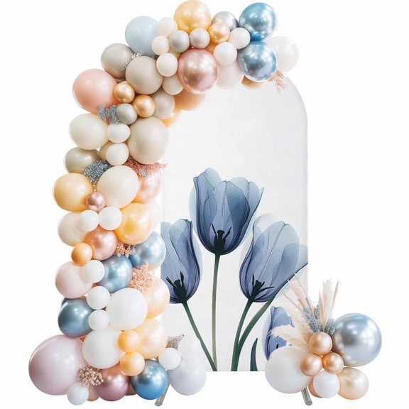 Blue Spring Floral Arch Backdrop Cover, Spandex Fitted Wedding Arch Cover, Tulip Blooming Summer Botanical Round Top Stand Covers for Birthday Ceremony Bridal Shower Party Decor 4x1.65 Ft