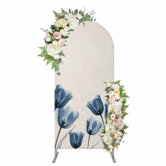 Blue Spring Floral Arch Backdrop Cover, Spandex Fitted Wedding Arch Cover, Tulip Summer Botanical Round Top Stand Covers for Birthday Ceremony Bridal Shower Party Decor 4x1.65 Ft