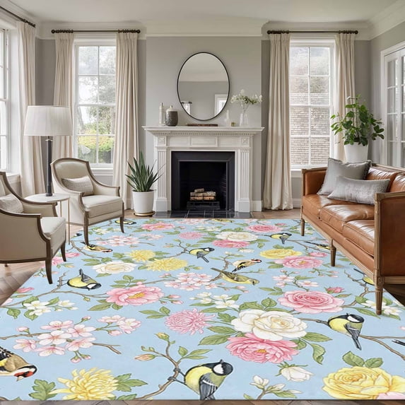Blue Spring Floral Area Rugs 5'x8', Small Throw Rugs for Classroom Bedroom, Elegant Farmhouse Flowers Birds Watercolor Indoor Outdoor Rug Non-Slip Low Pile Carpet Runner Reversible Floor Mats