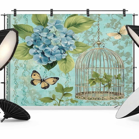 Blue Spring Floral Backdrop for Photoshoot,Photography Photo Studio Background Wall Backdrop,Green Summer Botanical Butterfly Back Drop Banner Panel for Portraits Wedding Party Live Streaming 7x5Ft