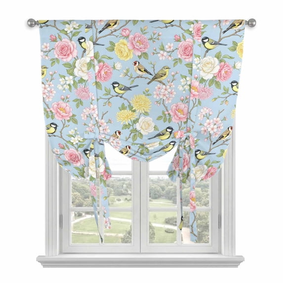 Blue Spring Floral Balloon Curtains for Windows, Bedroom Curtains 54 Inch Length, Elegant Farmhouse Flowers Birds Watercolor Tie Up Curtains Panels Thermal Insulated Bathroom Curtains Window 42"x54"