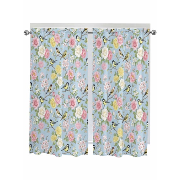 Blue Spring Floral Bathroom Window Curtain, Elegant Farmhouse Flowers Birds Watercolor Light Filtering Coffee Kitchen Curtains, Bedroom Living Room Curtains 2 Panel 84"x63"