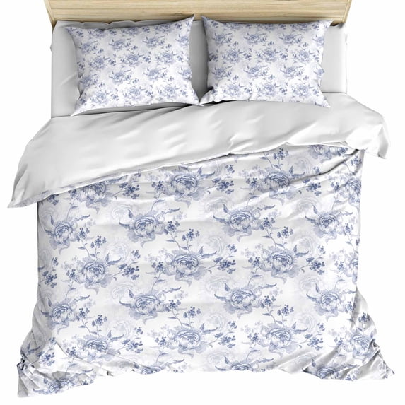 Blue Spring Floral Bedding 3 Piece Duvet Cover Set Queen Size, Summer Botanical Elegant Flowers Soft Microfiber Comforter Cover with Zipper Closure & Pillowcases, Wrinkle & FadeResistant Quilt Cover