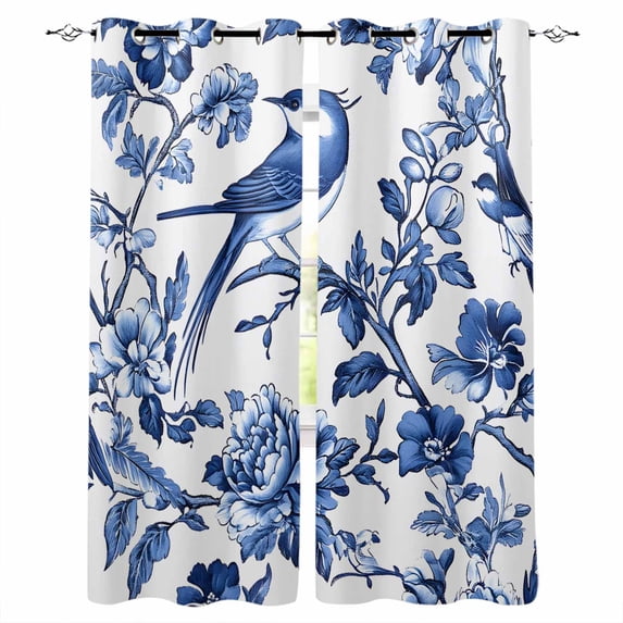 Blue Spring Floral Blackout Curtains for Bedroom Living Room Darkening Curtains 84 Inch Length 2 Panels Set Summer Botanical Bird Window Curtain Insulated Window Treatment Grommet Drapes 52"x84"