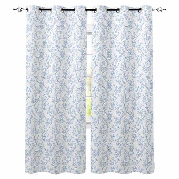 Blue Spring Floral Blackout Curtains for Bedroom/Living Room, Thermal Insulated Kitchen Curtains, Summer Botanical Watercolor Grommet Darkening Window Treatment Drapes 42"x63"x2