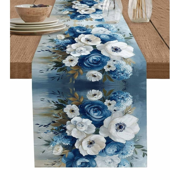 Blue Spring Floral Burlap Cotton Table Runner 13x108 Inches Long, Vintage Flowers Pastoral Modern Art Farmhouse Table Runners, Outdoor Dining Tablecloths Decor for Baby Shower/Party/Wedding