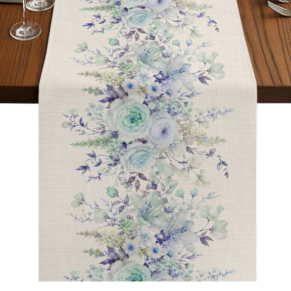 Blue Spring Floral Burlap Cotton Table Runner 13x120 Inches Long, Vintage Rustic Flowers Pastoral Farmhouse Table Runners, Outdoor Dining Tablecloths Decor for Baby Shower/Party/Wedding