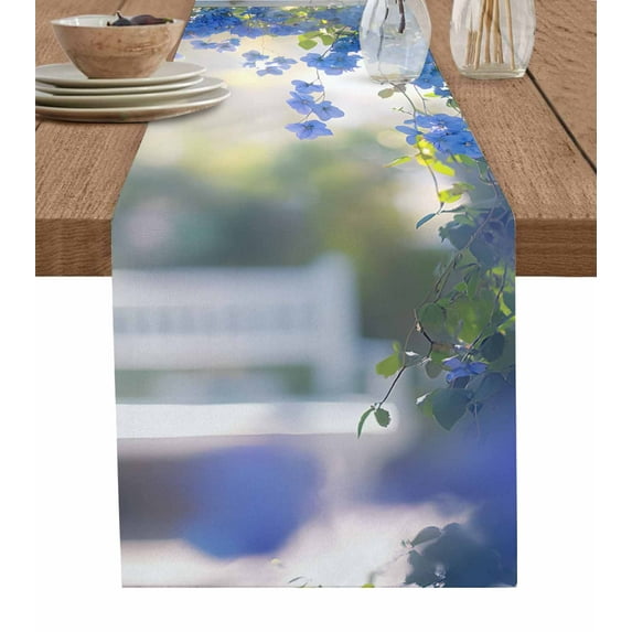 Blue Spring Floral Burlap Cotton Table Runner 13x72 Inches Long, Botanical Summer Flowers Farmhouse Farmhouse Table Runners, Outdoor Dining Tablecloths Decor for Baby Shower/Party/Wedding