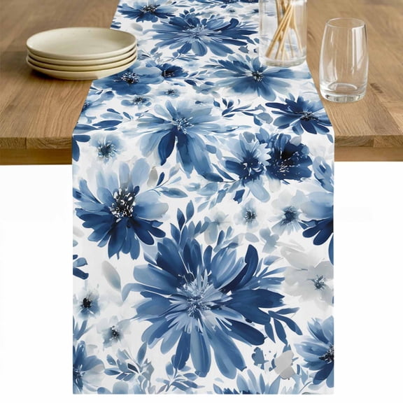 Blue Spring Floral Cotton Linen Rectangle Table Runners 13"x36", Watercolor Ombre Summer Botanical Coffee Table Runner Dresser Scarves Luxury Table Runners for Wedding Party Banquet Dinner Decor