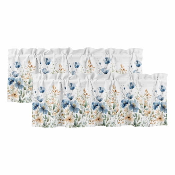 Blue Spring Floral Curtain Valances for Windows, Kitchen Valance Window Treatments Panel 2 Pack, Watercolor Blooming Summer Botanical Rod Pocket Short Curtains for Bathroom Bedroom 42 x 18 Inch