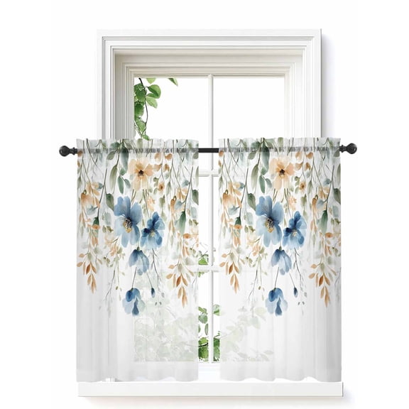 Blue Spring Floral Curtains 54 Inch Length, Sheer Curtains for Bedroom Living Room Window Weeping Botanical Orange Summer Rod Pocket Voile Drapes Kitchen Curtains Small Half Window 52"x54" 2 Panels