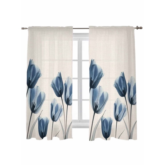 Blue Spring Floral Curtains 72 Inch Length, Sheer Curtains for Bedroom Living Room Window Tulip Summer Botanical Rod Pocket Voile Drapes Kitchen Curtains Small Half Window 52"x72" 2 Panels