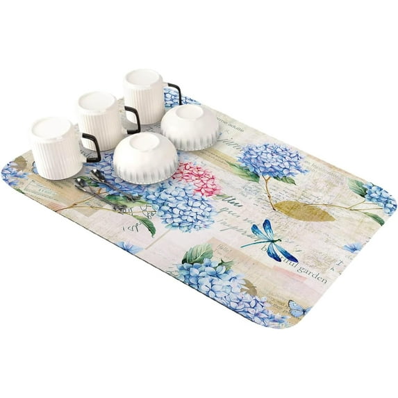 Blue Spring Floral Dish Drying Mat for Kitchen Counter,Super Absorbent Quick Dry Coffee Bar Mat Pad Diatomaceous Sink Mat Non Slip Dish Drainer Mat 16x18 Vintage Watercolor Summer Flower Botanical