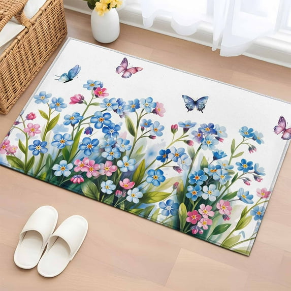 Blue Spring Floral Entryway Rug 2'x3' Non Slip Front Door Mats, Pink Flowers Butterfly Pastoral Entrance Rugs Indoor Outdoor Carpet, Washable Floor Mats Small Area Rug for Bedroom Kitchen