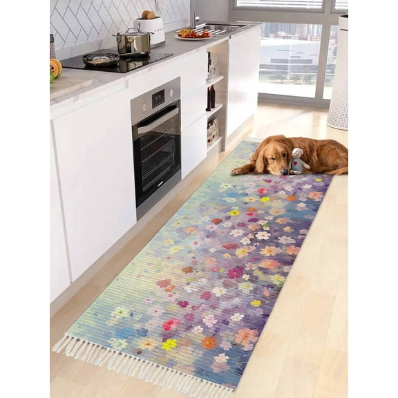 Blue Spring Floral Entryway Runner Rug 2x4ft,Summer Daisy Botanical Oil Painting Washable Woven Living Room Hallway Bedroom Kitchen Carpet with Tassels,Indoor Outdoor Throw Door Mat for Entryway