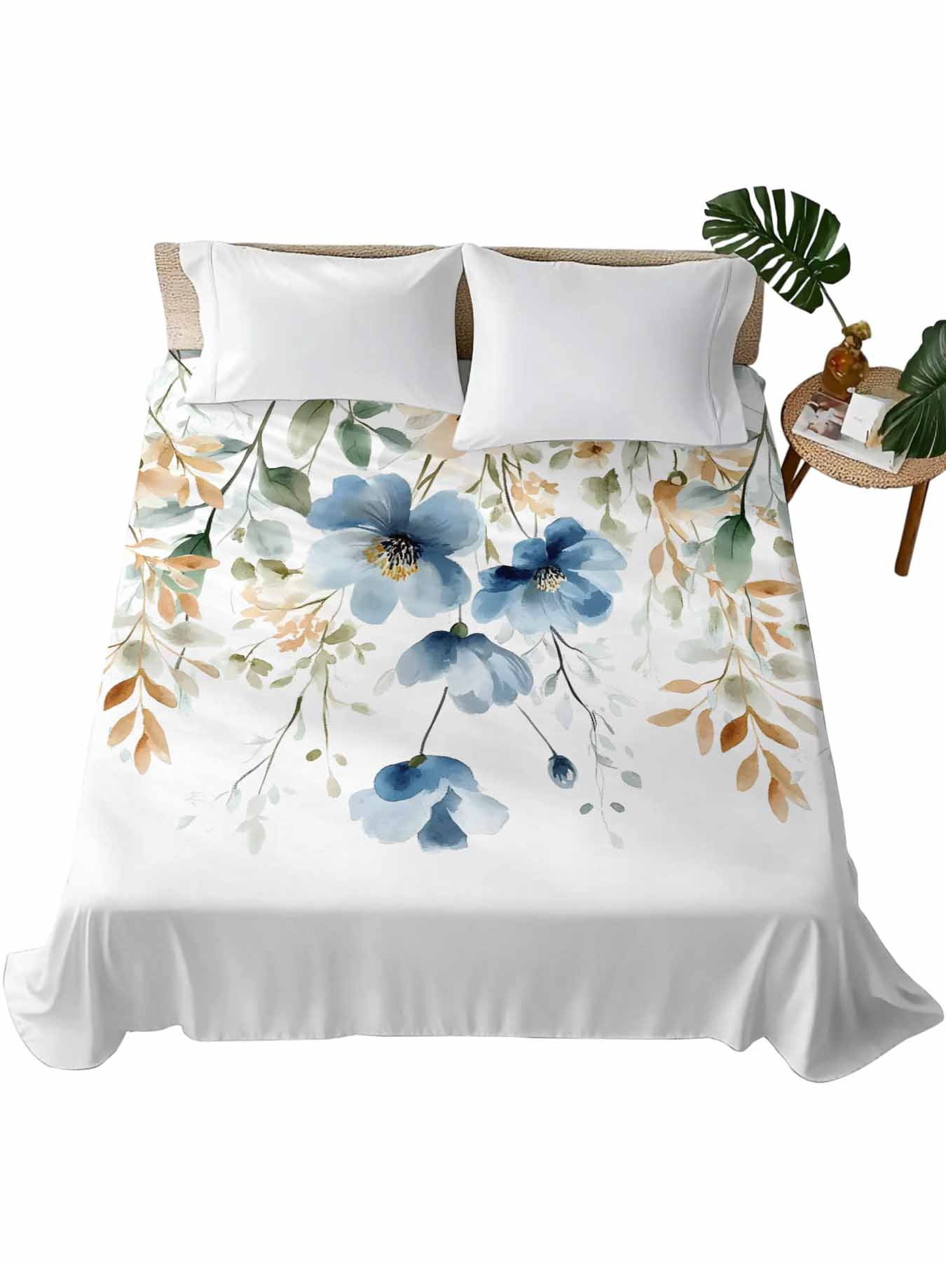 Blue Spring Floral Flat Sheet Only Twin Size, Soft Breathable Bed Top ...