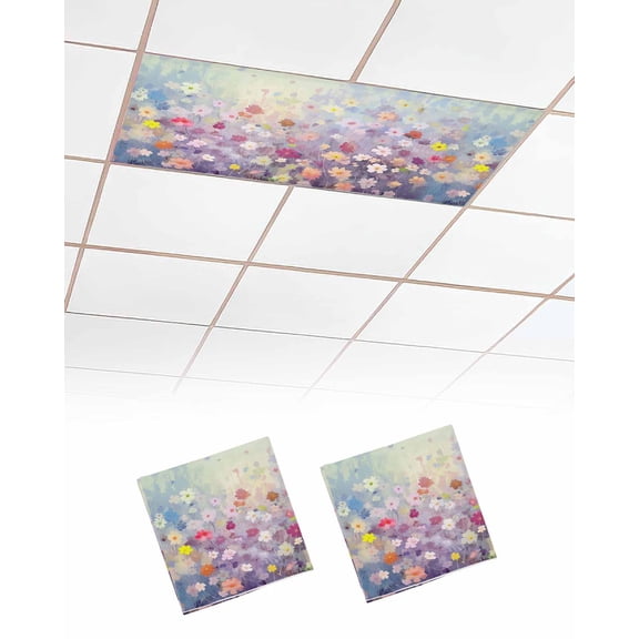 Blue Spring Floral Fluorescent Light Covers for Ceiling Lights 4x2 feet,2 Pack Magnetic Light Filters for Classroom,Summer Daisy Botanical Oil Painting Fluorescent Light Shade Panel for Office