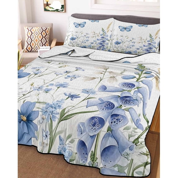 Blue Spring Floral Full Size Down Alternative Comforter, Lightweight Comforter Quilt Bedding Set with Pillow Shams Butterfly Summer Botanical Elegant All Seasons Bed Comforter Duvet Insert 78"x90"
