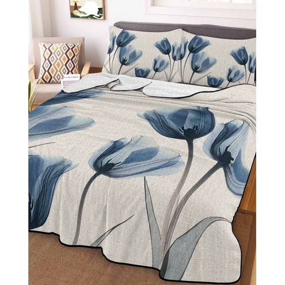 Blue Spring Floral Full Size Down Alternative Comforter, Lightweight Comforter Quilt Bedding Set with Pillow Shams Tulip Summer Botanical All Seasons Bed Comforter Duvet Insert 78"x90"