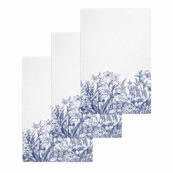 Blue Spring Floral Hand Towels Set,Waffle Weave Kitchen Towels 3 Pieces,Watercolor Botanical Summer Vintage Microfiber Hair Face Bath Tea Towel Absorbent Quick Drying Cleaning Dish Cloths,15.7"x23.6"