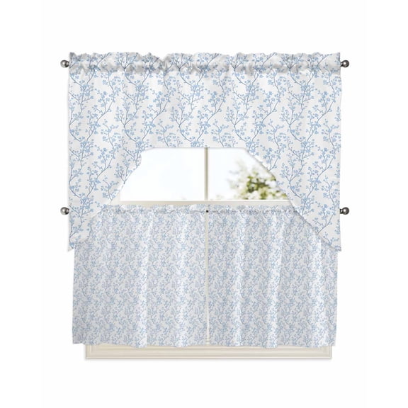 Blue Spring Floral Kitchen Curtain and Valance Set 3 Pieces, Rod Pocket Short Tier Curtains 24 Inch Length, Summer Botanical Watercolor Swag Topper Small Window Treatment for Cafe Bathroom Bedroom