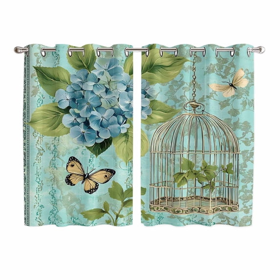 Blue Spring Floral Kitchen Curtains 63 Inch Length, Green Summer Botanical Butterfly Grommet Top Bedroom Living Room Curtains, Light Filtering Cafe Curtain Drapes 2 Panels Set 104''x63''