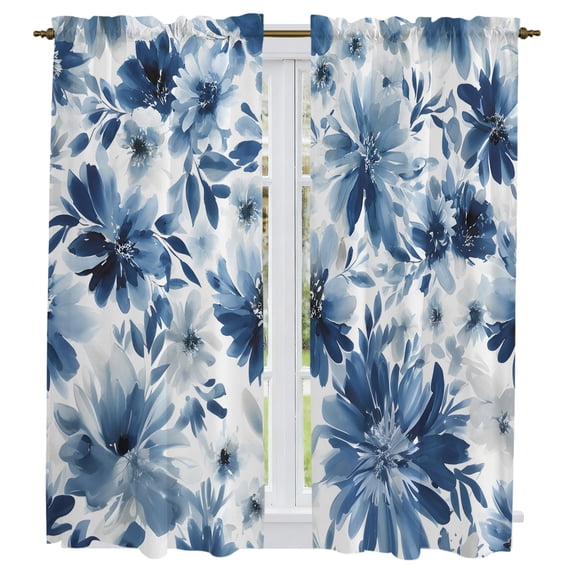 Blue Spring Floral Kitchen Curtains 63 Inch Length, Watercolor Ombre Summer Botanical Tiers Curtains for Living Room Berdoom Bathroom, Light Filtering Drapes Window Treatment 2 Panels 42"Wx63"L