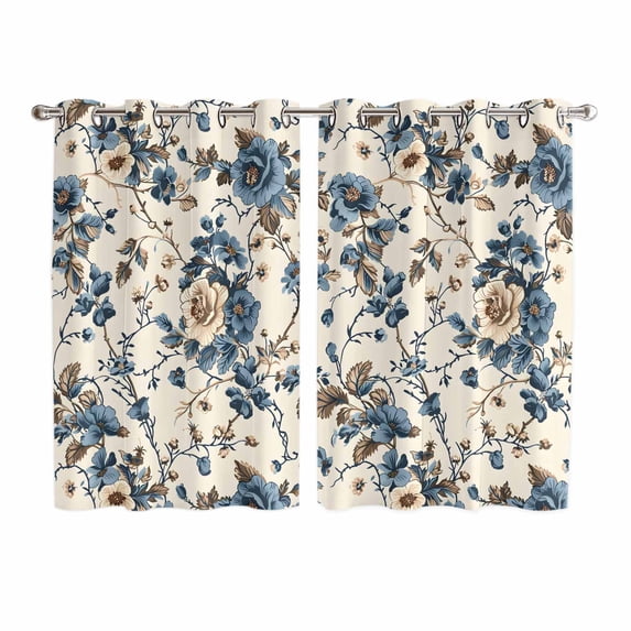 Blue Spring Floral Kitchen Curtains 72 Inch Length, Vintage Botanical Farmhouse Grommet Top Bedroom Living Room Curtains, Light Filtering Cafe Curtain Drapes 2 Panels Set 104''x72''