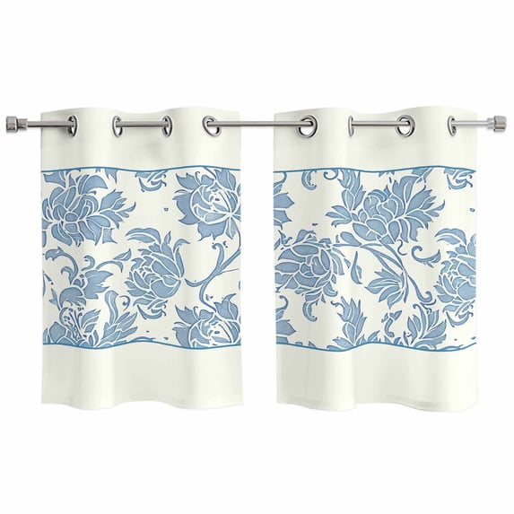 Blue Spring Floral Kitchen Curtains Small Short 39 Inch Length, Ethnic Boho Vintage Botanical Grommet Top Bedroom Living Room Curtains, Light Filtering Cafe Curtain Drapes 2 Panels Set 55''x39''