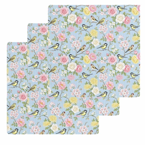 Blue Spring Floral Kitchen Dish Towels for Drying Dishes Set of 3, Elegant Farmhouse Flowers Birds Watercolor Waffle Weave Microfiber Hand Tea Bathroom Towels Quick Dry & Absorbent Towel 12x12