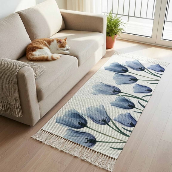 Blue Spring Floral Kitchen Runner Rug 2'x4', Tulip Blooming Summer Botanical Washable Rug with Tassels, Non Slip Woven Cotton Bathroom Rugs Hallway Carpet for Foyer Bedroom Entry Back Door Decor