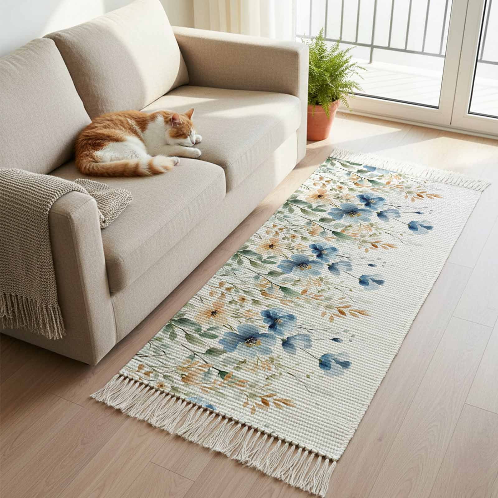Blue Spring Floral Kitchen Runner Rug 2'x4', Weeping Botanical Orange ...