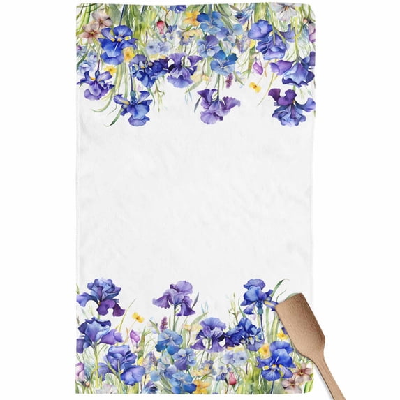 Blue Spring Floral Kitchen Towel Dish Cloths Set of 1, Microfiber Soft Kitchen Hand Towels, Watercolor Flowers Summer Botanical Absorbent Quick Drying Dishcloths 18 x 28 Inches