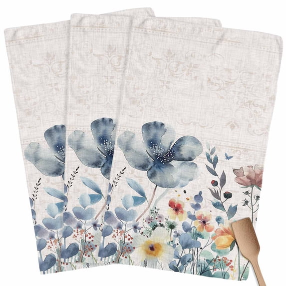 Blue Spring Floral Kitchen Towel Dish Cloths Set of 3, Microfiber Soft Kitchen Hand Towels, Vintage Watercolor Summer Botanical Absorbent Quick Drying Dishcloths 18 x 28 Inches
