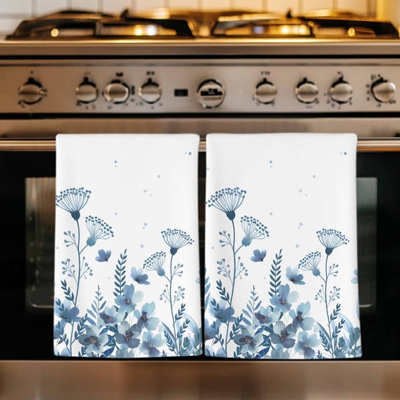Blue Spring Floral Kitchen Towels Set of 1, Watercolor Elegant Pastoral Flowers Absorbent Dish Towels for Kitchen, Microfiber Hand Towel, Quick Drying Tea Towel for Cleaning Decorative Dishcloths
