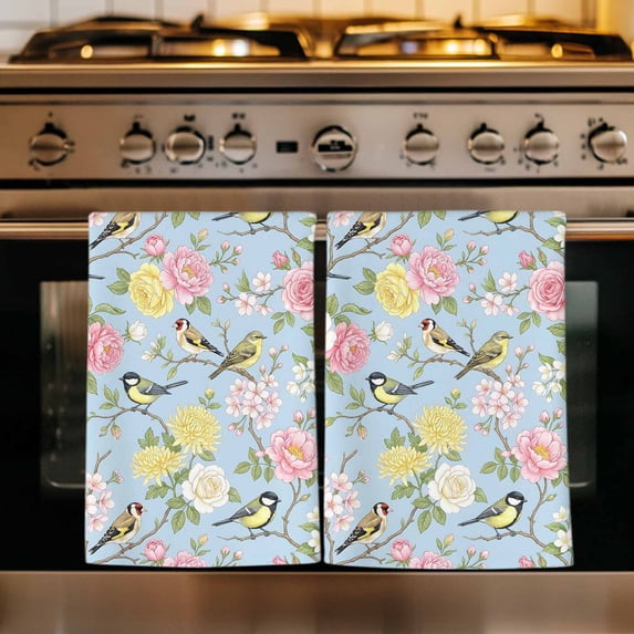 Blue Spring Floral Kitchen Towels Set of 3, Elegant Farmhouse Flowers Birds Watercolor Absorbent Dish Towels for Kitchen, Microfiber Hand Towel, Quick Drying Tea Towel for Cleaning Dishcloths